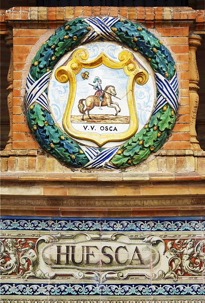 Coat of arms of Huesca at the Palacio de Espana, Seville, Andalusia, Spain