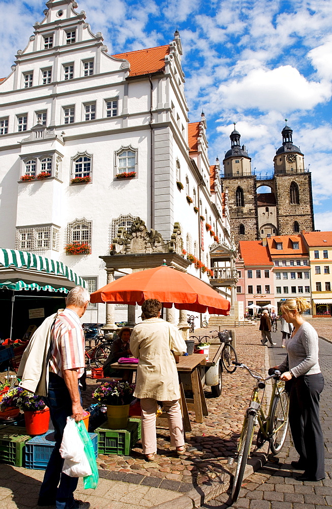 Farmer market on the town hall market in Wittenberg, Saxonia-Anhalt, Germany