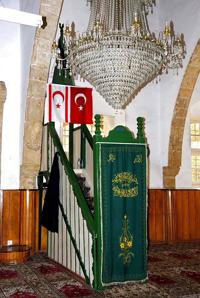 Flags of North Cyprus and Turkey hanging in the Aga Cafer Pascha Mosque, Girne or Kyrenia, North Cyprus