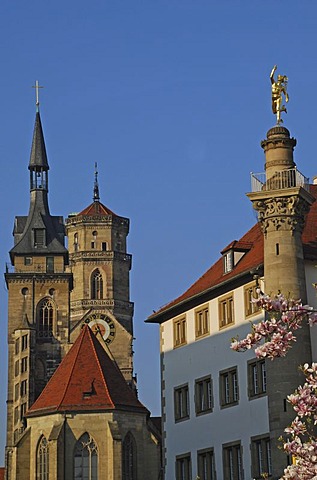 Towers of Collegiate Church  and Mercury column Stuttgart Baden-Wuerttemberg Germany