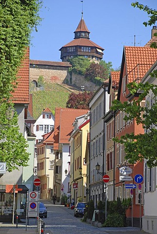 Strohgasse with view af the big tower on the castle, Esslingen at the Neckar Baden Wuerttemberg Germany