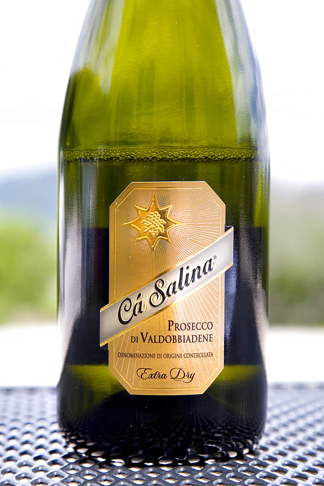 Lable on a bottle, winery of Ca Salina Prosecco, Valdobbiadene, Veneto, Italy, Europe