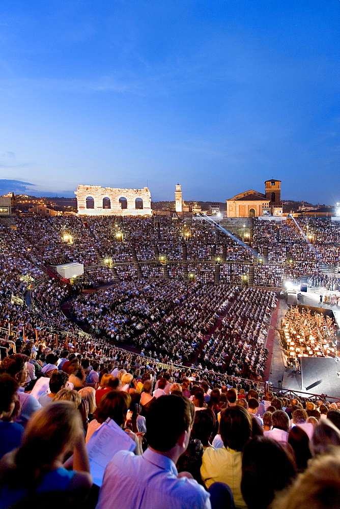 Spectators sitting on the tribune watching an opera, arena, Verona, Venice, Italy, Europe