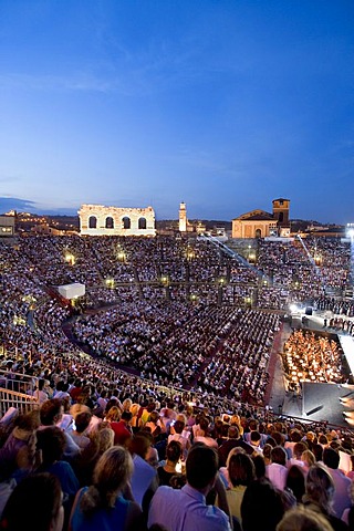 Spectators sitting on the tribune watching an opera, arena, Verona, Venice, Italy, Europe