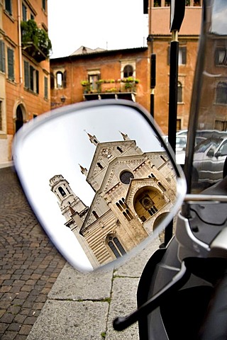 Cathedral reflected in the rear view mirror of a motor scooter, Verona, Venice, Italy, Europe