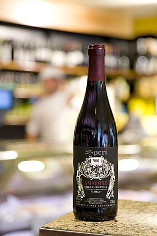 Bottle of Amarone wine in a shop, Valpolicella, Venice, Italy, Europe