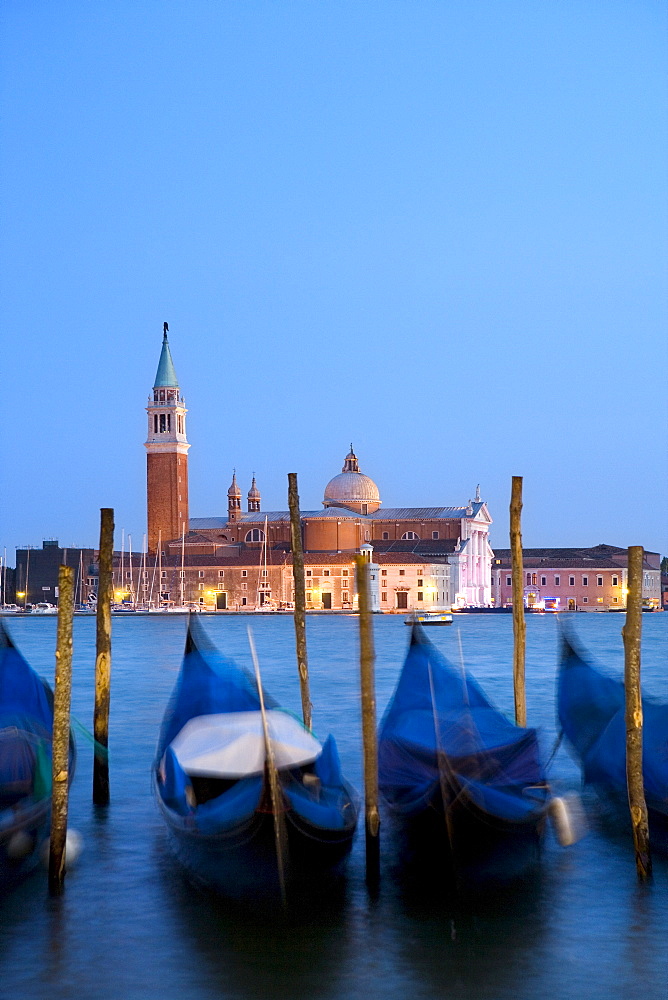 Gondolas in front of San Giorgio Maggiore, island, Venice, Veneto, Italy, Europe