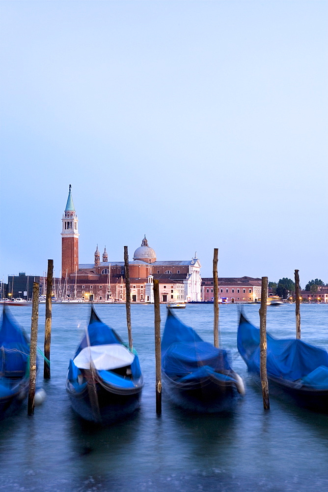 Gondolas in front of San Giorgio Maggiore, island, Venice, Veneto, Italy, Europe