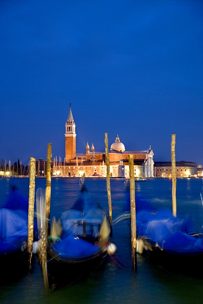 Gondolas in front of San Giorgio Maggiore, island, Venice, Veneto, Italy, Europe