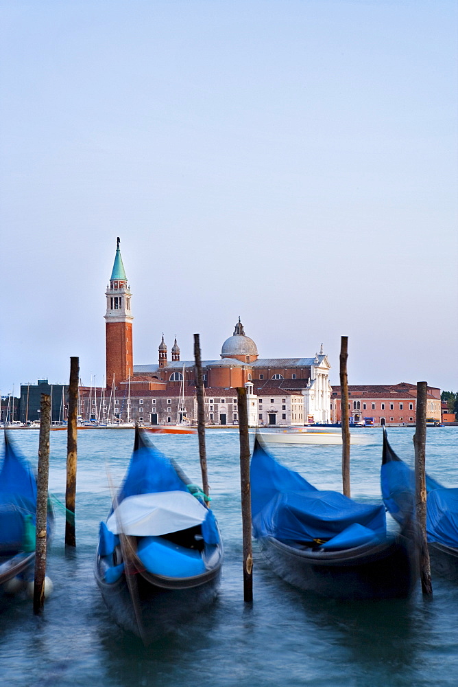 Gondolas in front of San Giorgio Maggiore, island, Venice, Veneto, Italy, Europe