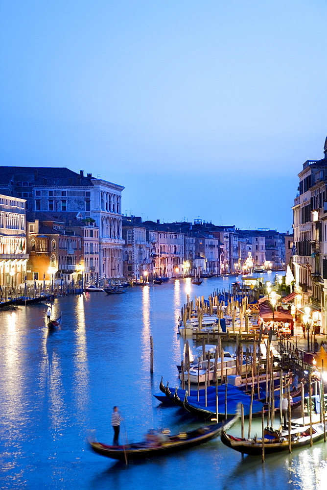 View of the Canal Grande with gondolas at dusk, Venezia, Venice, Italy, Europe