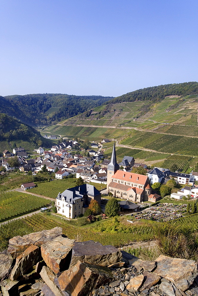 View of Mayschoss, vinyards, Ahrtal Valley, Eifel Range, Rhineland-Palatinate, Germany, Europe