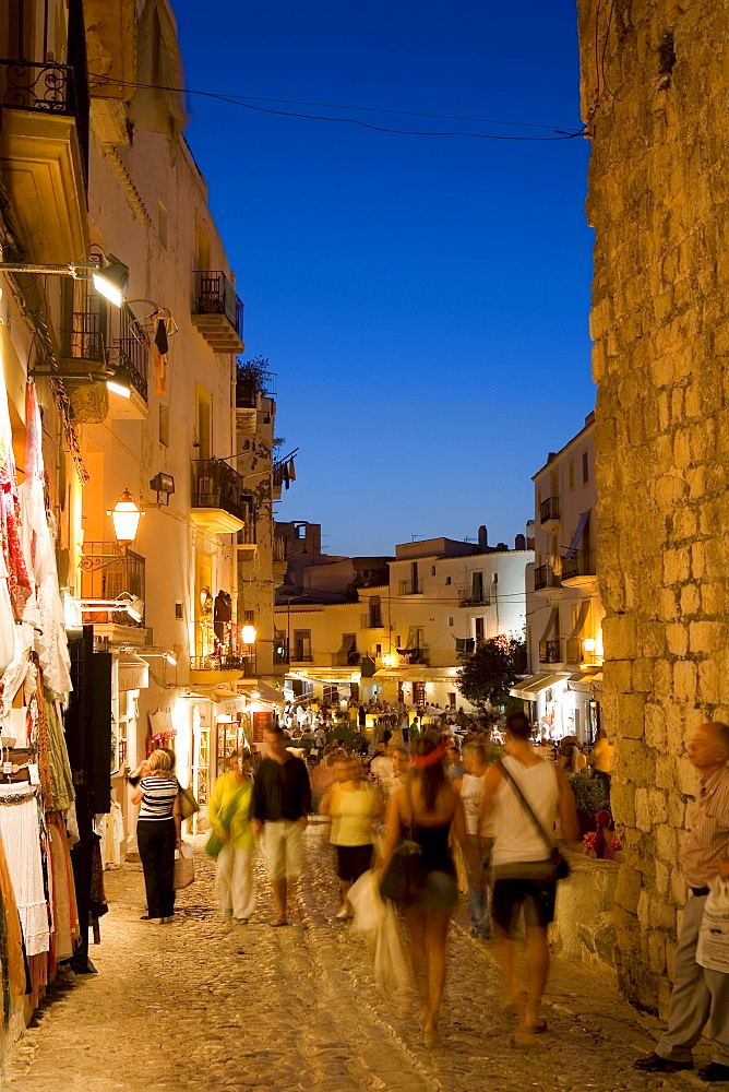 Illuminated alley in the historic city Dalt Vila, Ibiza, Balearic Islands, Spain, Europe