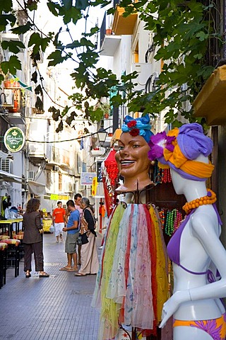 Window dummies in front of a shop in the historic centre of Dalt Villa, Ibiza, Balearic Islands, Spain, Europe