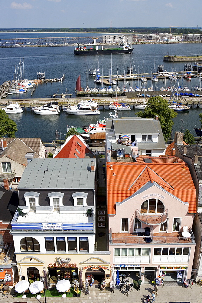 View from the lighthouse over the channel, Am Strom, Hohe Duene and port exit, Warnemuende, Rostock, Baltic Sea, Mecklenburg-Western Pomerania, Germany, Europe