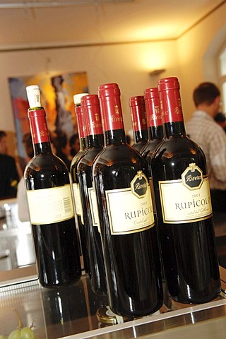 Wine bottles intalian red wine Rupicolo in a restaurant