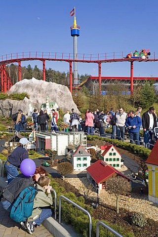 Impressions from the Legoland Park near Guenzburg, in the foreground the Miniland, in the background the aerial train and the look-out