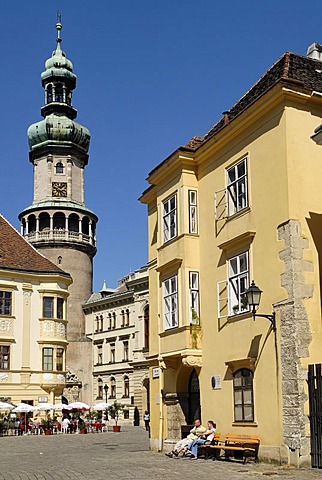 City square Foe ter with fire tower, historic old town of Sopron, Hungaria