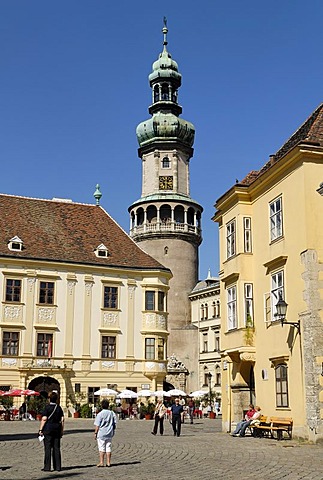 City square Foe ter with fire tower, historic old town of Sopron, Hungaria