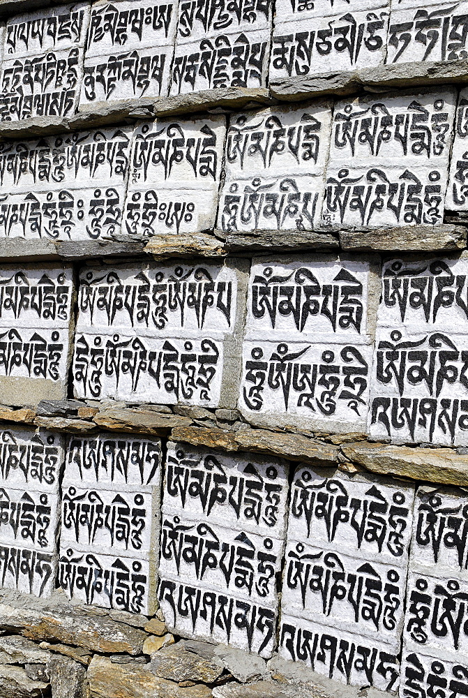 Painted Mani wall, Mani stone, Dudh Kosi valley, Solukhumbu, Khumbu, Sagarmatha National Park, Nepal