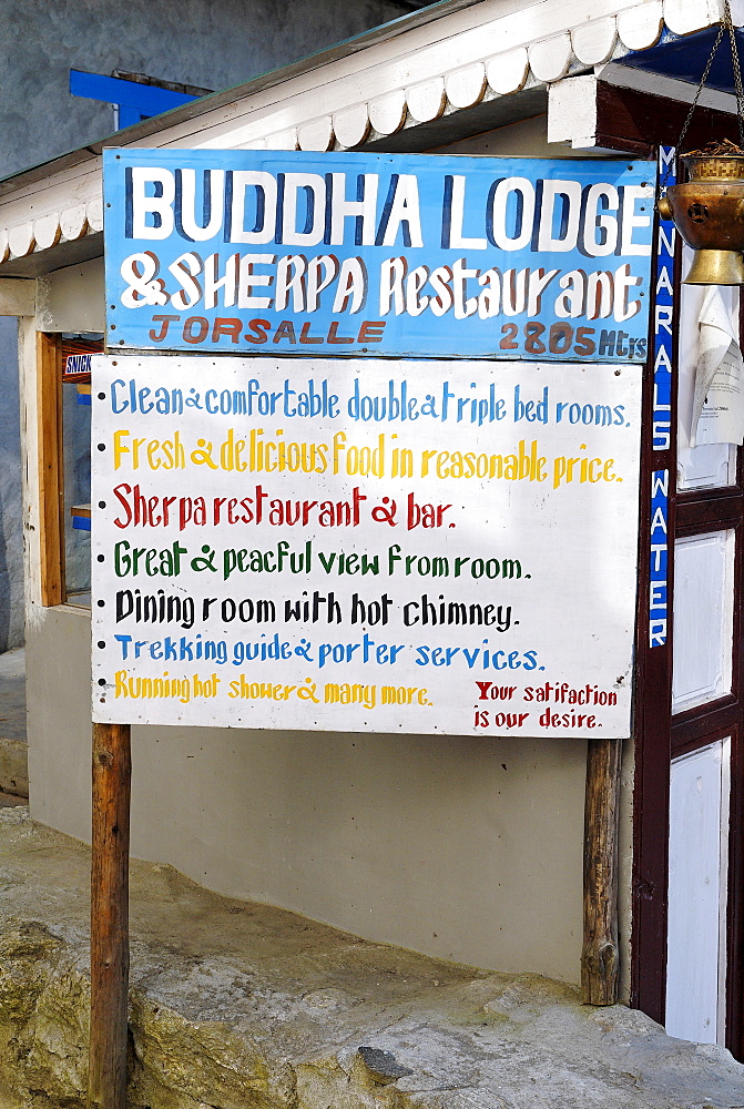 Advertisement sign for a trekking lodge, Solukhumbu, Khumbu, Mount Everest Region, Nepal