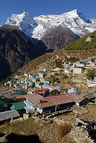 View over Namche Bazar towards Kongde Ri group (6187), Sagarmatha National Park, Khumbu, Nepal