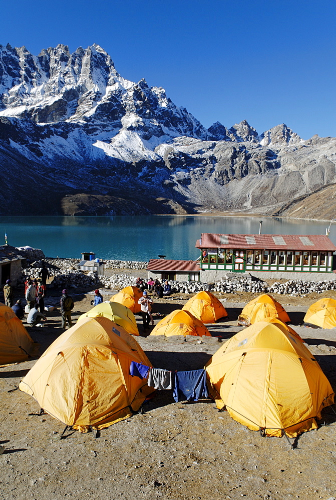 Trekking lodge at Gokyo with Pharilapche (6017), Sagarmatha National Park, Khumbu Himal, Nepal