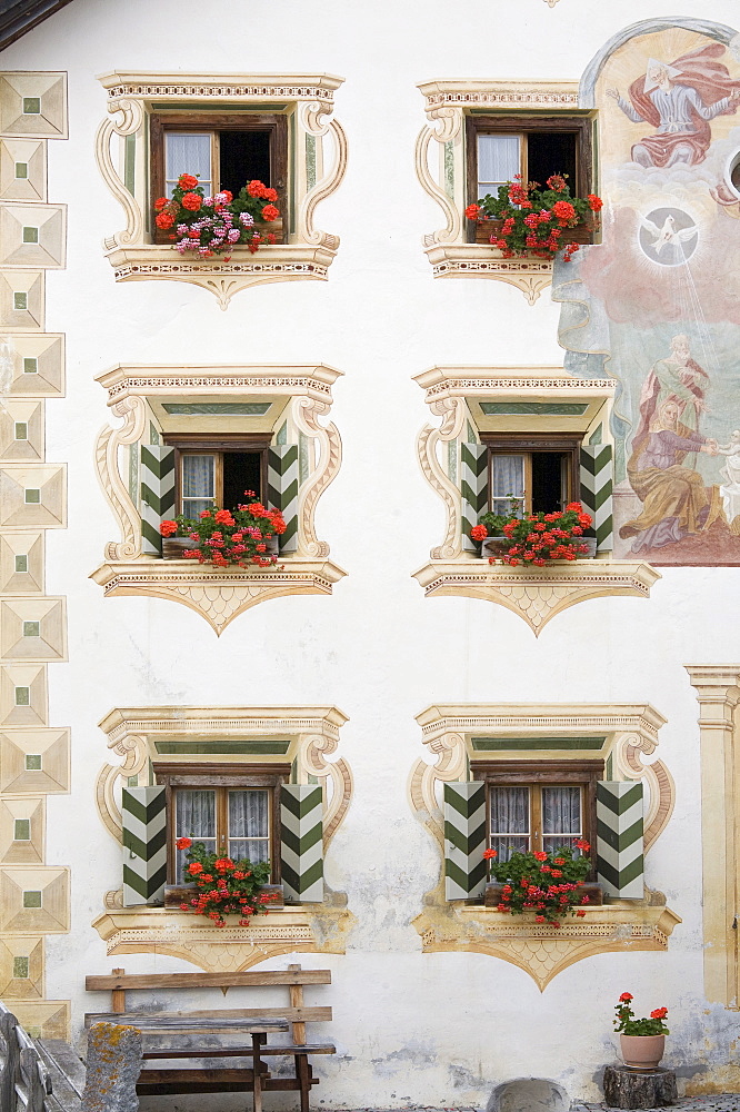 Historic windows decorated with sgraffito, Lower Engadin, Graubuenden/Grisons, Switzerland, Europe