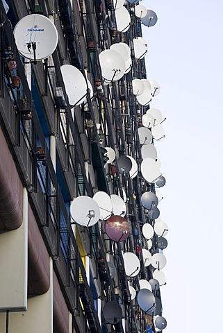 Facade, countless satellite dishes at an apartment block known as the Pallasseum (formerly Berliner Sozialpalast, "Berlin Social Palace"), Schoeneberg district, Berlin, Germany, Europe