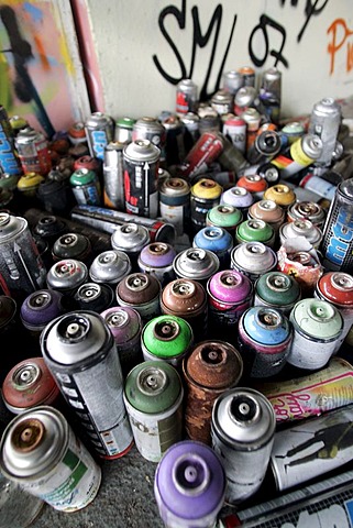 Many spray tins. Dresden, Saxony, Germany