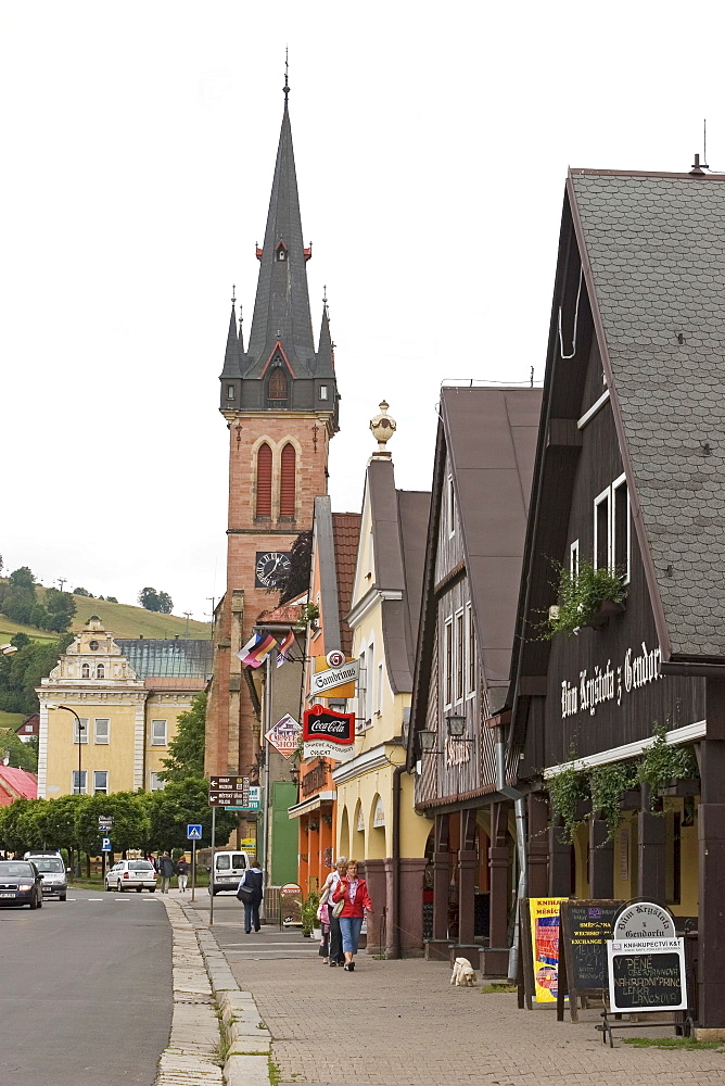 City center and St. Laurentius church, Vrchlabi, Czechia