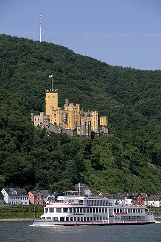 The Excursion boat "Stolzenfels" in front of the Castle Stolzenfels near Koblenz, Rhineland-Palatinate, germany