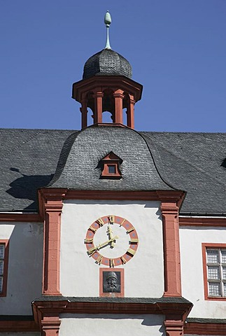 Mittelrheinmuseum with the Augenroller under the clock in Koblenz, Rhineland-Palatinate, Germany