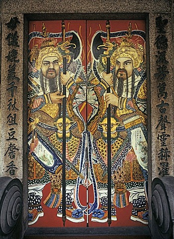 Painted door, guardians inside the taoist Thian Hock Kheng Temple, Telok Ayer Street, Singapore, Southeast-Asia, Asia