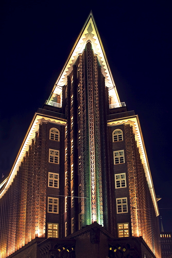 Chilehaus (Chile House) office building at night, Hamburg, Germany, Europe