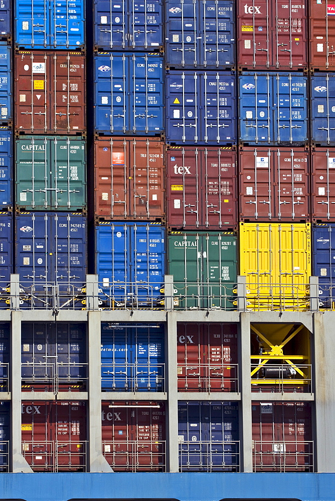 Containers loaded onto a container ship, Burchardkai container terminal, Hamburg Harbour, Germany, Europe