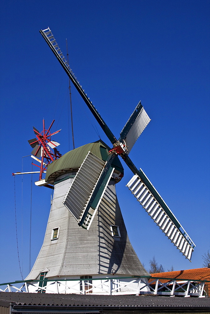 Historic Dutch windmill with wind rose, Wittmund, East Friesland, Lower Saxony, Germany, Europe