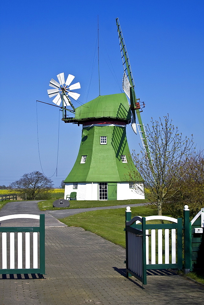 The Erdhollaender, an historic Dutch windmill with wind rose, near Wittmund, East Friesland, Lower Saxony, Germany, Europe