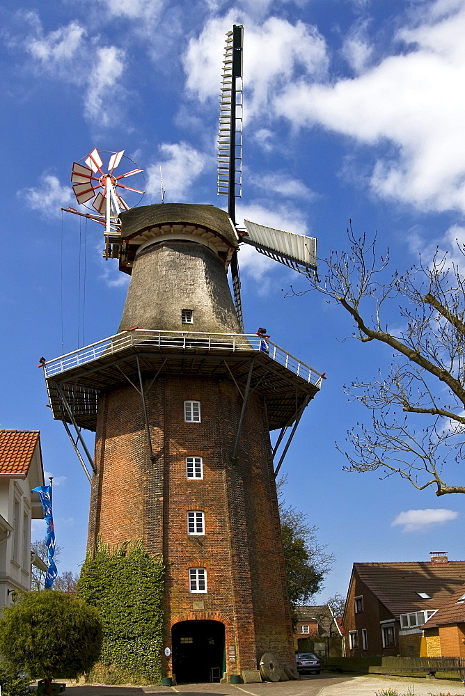 The Stiftsmuehle, an historic Dutch windmill with wind rose, near Aurich, East Friesland, Lower Saxony, Germany, Europe