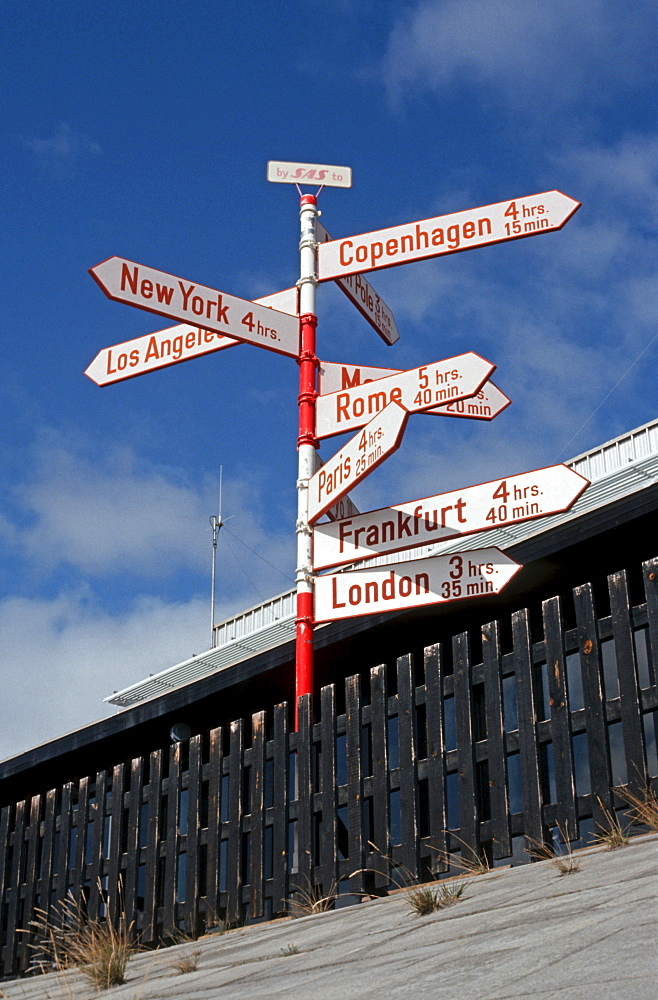 Signposts of the Scandinavian airline SAS at the airport, Soendre Stroemfjord, Greenland