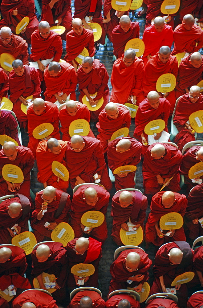 Monk gathering at the induction of a department store, Yangon, Burma, Asia