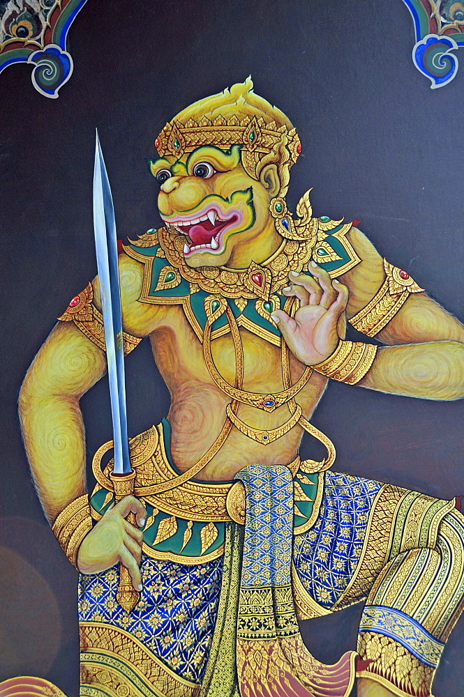 Restored wall murals (Ramakien) in Wat Phra Kaeo Grand Palace (Temple of the Emerald Buddha), Bangkok, Thailand, Southeast Asia, Asia