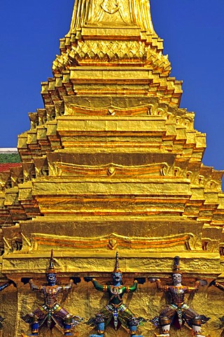 Golden Chedi in front of the pantheon, carried by twenty monkeys and demons, Wat Phra Kaeo Grand Palace (Temple of the Emerald Buddha), Bangkok, Thailand, Southeast Asia, Asia