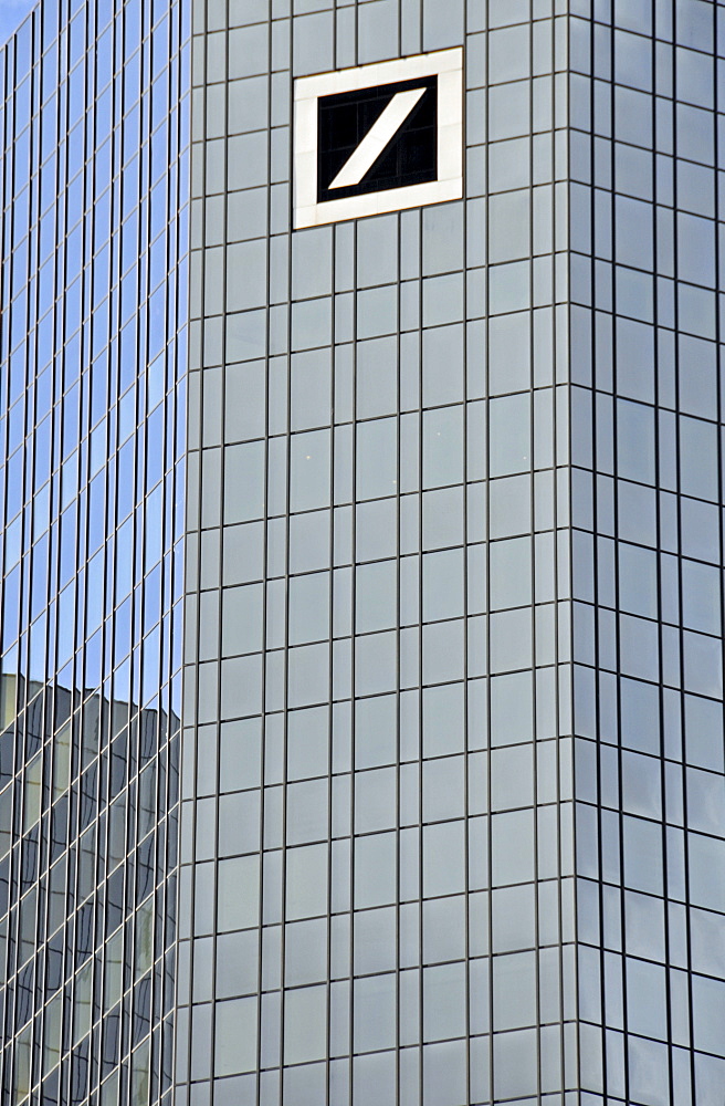 Reflective facade and logo of the Deutsche Bank AG, Frankfurt, Hesse, Germany, Europe