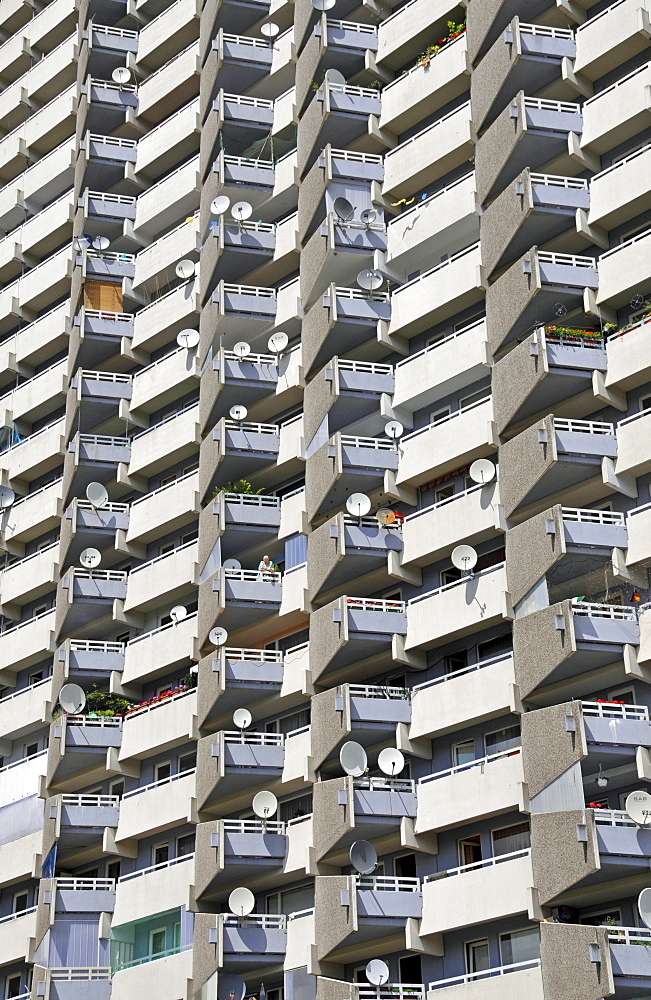 Residential building with balconies and satellite dishes, Chorweiler near Cologne, North Rhine-Westphalia, Germany, Europe