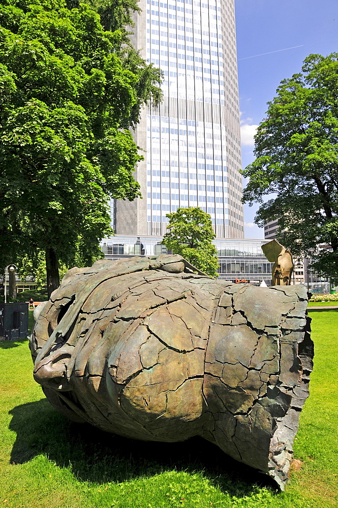 Sculpture Eros Besdato by Igor Mitoraj in front of the Eurotower of the European Central Bank, ECB, Frankfurt, Hesse, Germany, Europe