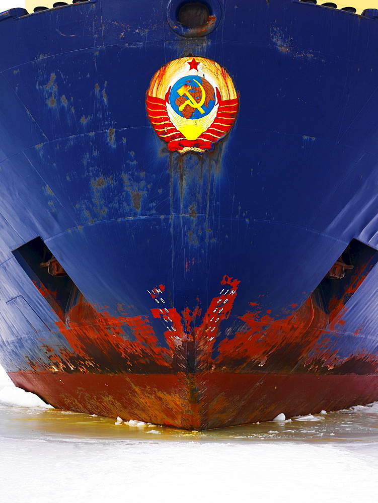 Bow of the ice breaker Kapitan Khlebnikov in sea ice in front of Ross Island, Antarctic