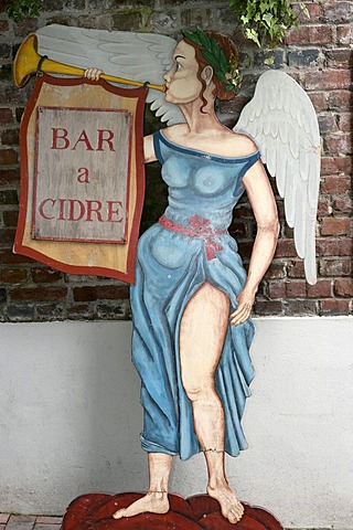 Cardboard figure promotes for a Cider bar , Honfleurs , Calvados , Normandy , France , Europe