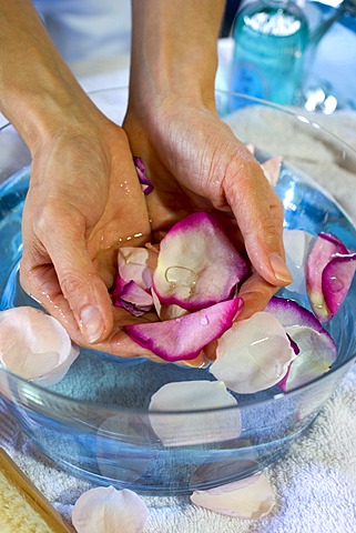 Hands, blossoms, rose petals, bath