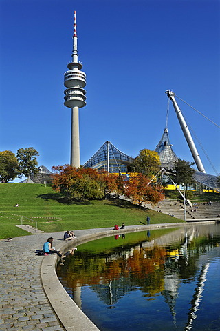 Pavilion-roof of the Olympic Hall, the Theatron and the television tower, Munich, Bavaria, Germany, Europe